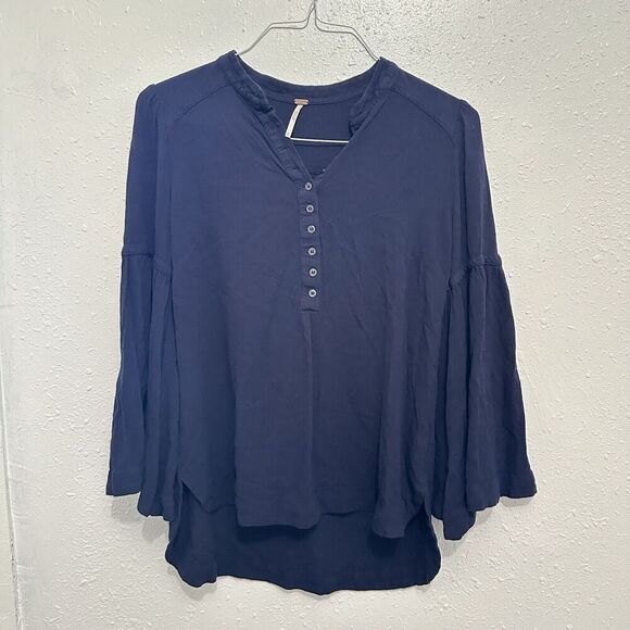 Free People Womens Easy Girl Bell Sleeves Peasant Top Navy Size Small Boho - Picture 1 of 8